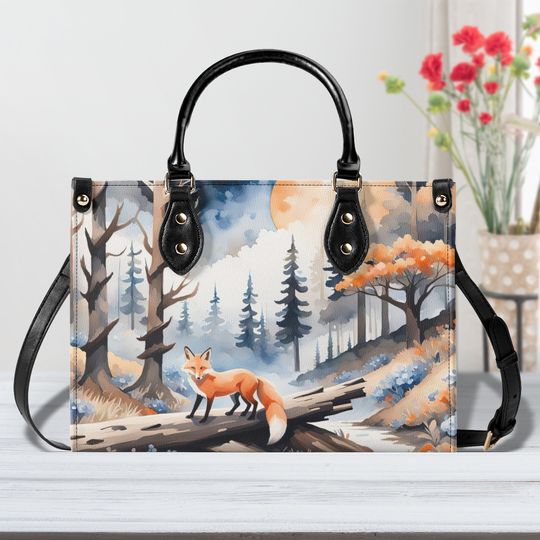 Elegant Orange and Blue Fox Purse, Vegan Leather Cottagecore Handbag