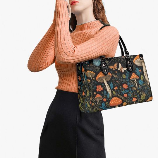 Vintage Style Mushrooms Vegan Leather Purse, Cute women Hand Bag Shoulder Bag