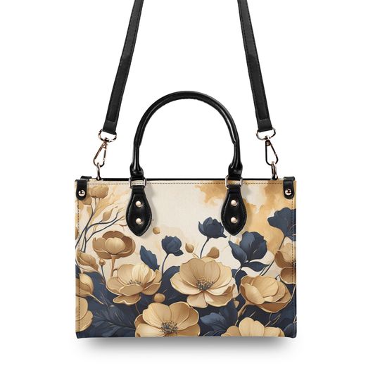 Elegant Blue Flowers Purse, Floral Faux Leather Hand Bag, Unique Womens Shoulder Bag