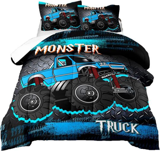 3D Blue Monster Truck Bedding Set for Kids, Cartoon Car Ultra Soft All Seasons Monster Car Theme Bed Set