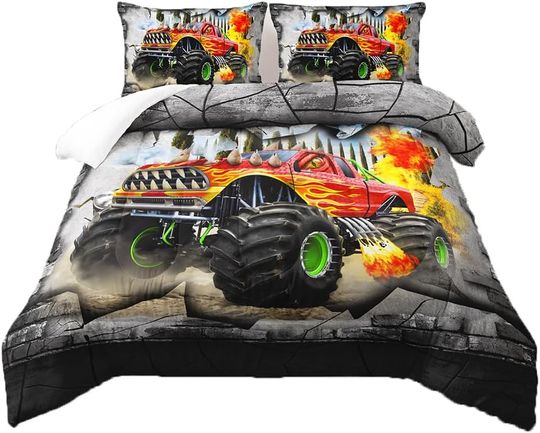 3D Cartoon Fire Monster Truck Bedding Set for Kids,Red Destroy Monster Truck Ultra Soft All Seasons Car