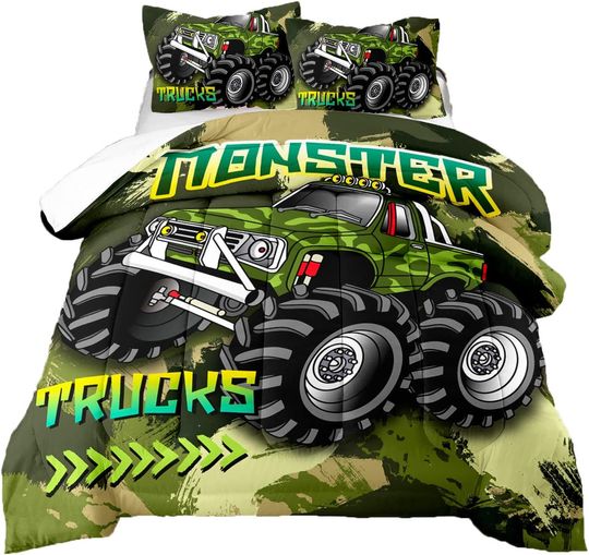 3D Green Monster Truck Bedding Set for Kids, Cartoon Car Ultra Soft All Seasons Monster Car