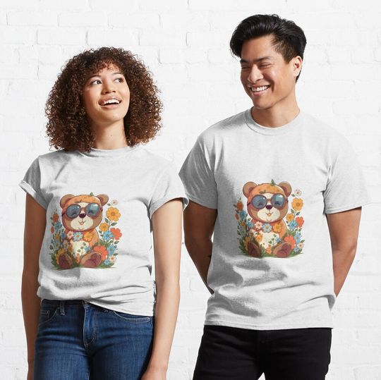 Happy Little Bear Wearing Glasses with Flowers Classic T-Shirt