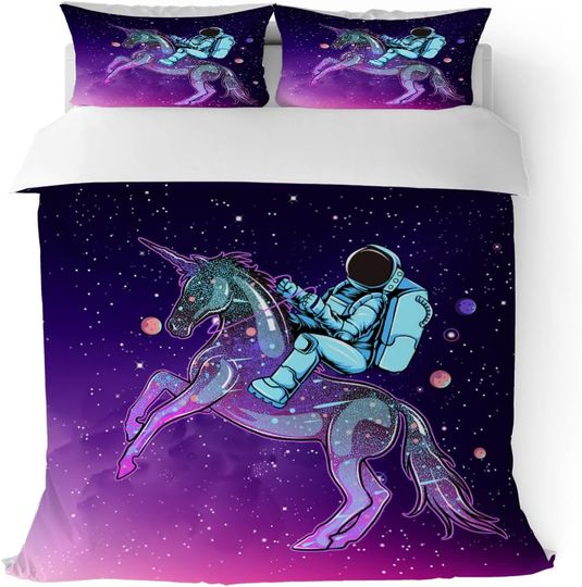 Funny Astronaut Purple Galaxy Bedding Set