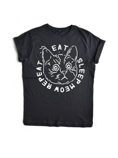 Eat Sleep Cat Tshirt, Cat Lovers Shirt, Black Cat Shirt, Cat Print Shirt In Three Colours