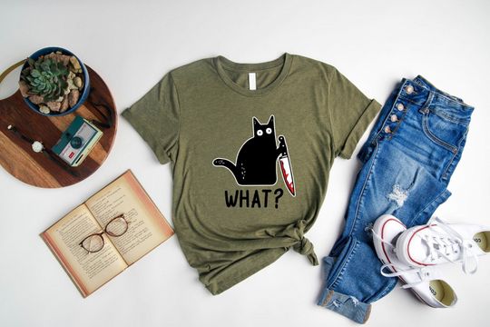 Cat What? T-Shirt, Funny Black Cat Shirt, Funny Cat Gift, Murderous Cat Shirt, Cat With Knife Shirt, Cat Lover Shirt, Funny Animal Shirt