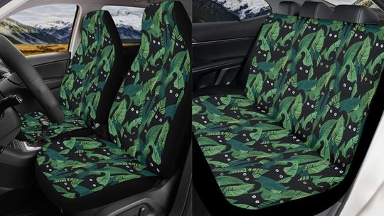 Black Cat Forest Car Seat Covers Full Set, Funny Cat Front And Back Seat Covers For Vehicle, Steering Wheel Cover, Car Decor Gift