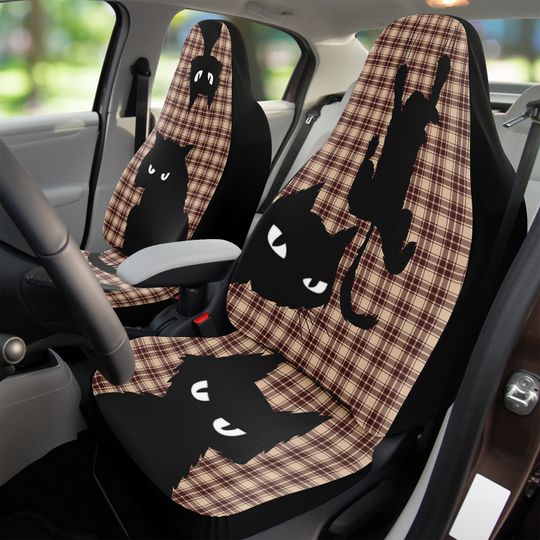 Cute car seat cover set for cat lovers, adorable black funny cats in many colors. Protect seats from pet hair or scratches.