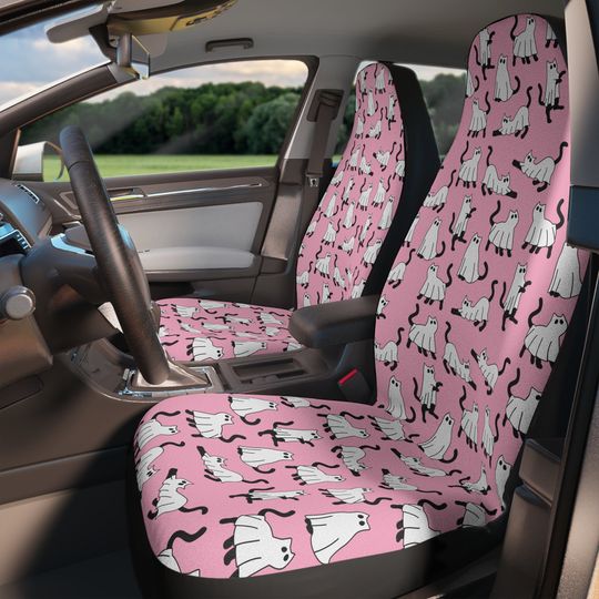 Ghost Cat Car Seat Covers, Spooky Pink Car Accessories for Women, Cute Car Decor Gift