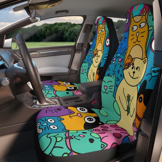 Cat Lover Car Seat Covers, Pop Art Car Seat Cover, Doodle Art Seat Covers for Cars, Cat Decor, Trippy Car Decor, Cute Car Accessories