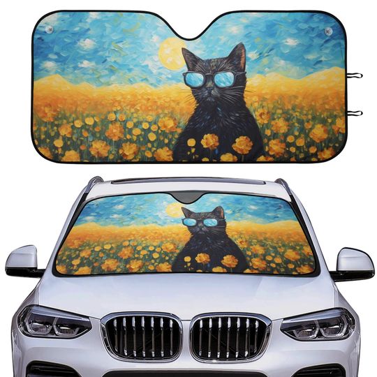 Black Cat Car Sunshade, Retro Cat Floral Windshield Car Decor, Gift For Cat Lover, Front Window Cover, Car Decor Gift