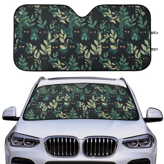Witchy Cat Forest Car Auto Sun Shade, Funny Black Cat Botanical Windshield Sunshade, Summer Car Gift