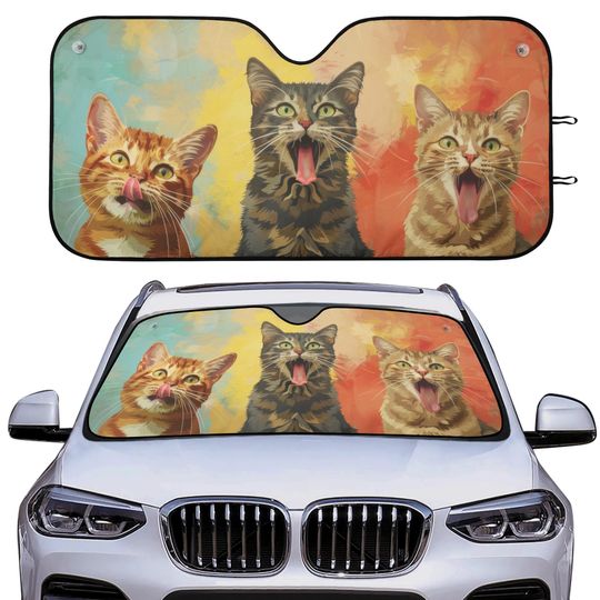 Funny Cats Car Sunshade, Retro Quirky Cat Windshield Car Decor, Gift For Cat Lover, Cat Mom Gift