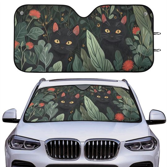 Cats Green Forest Car Auto Sun Shade, Cute Cat Floral Windshield Sunshade, Summer Lovers Car Gift, Car Accessories