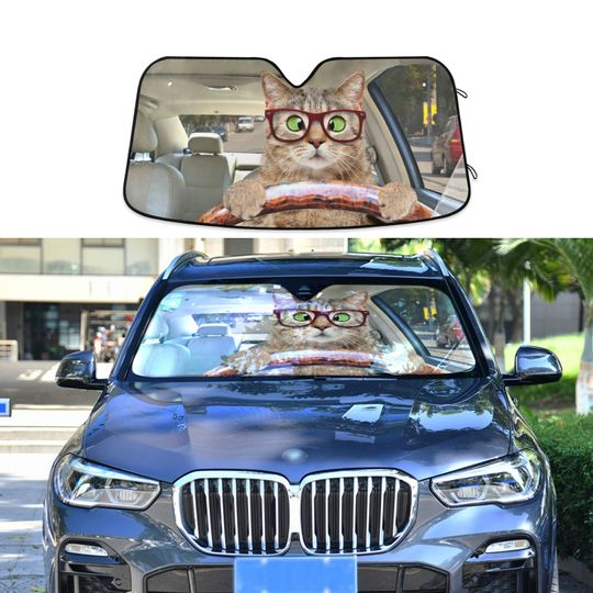 Cross-eyed Cat with Glasses Driving a Car, Car Auto Sun Shade, Windshield Car Accessories