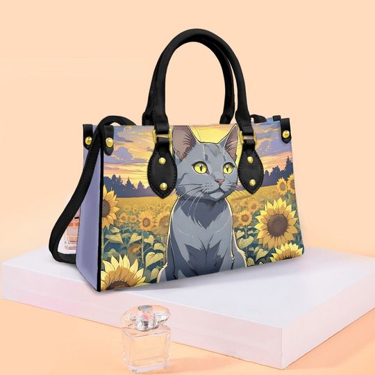 cat sunflower Leather Handbag, gift for mom