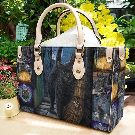 Black Cat Leather Handbag, gift for mom