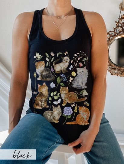 Cottagecore Cat Tank Top, Cat Lover Botanical Pressed Flowers Floral Butterfly Wildflowers Tank Top, Artsy Fairycore Cat Parent Gift Idea