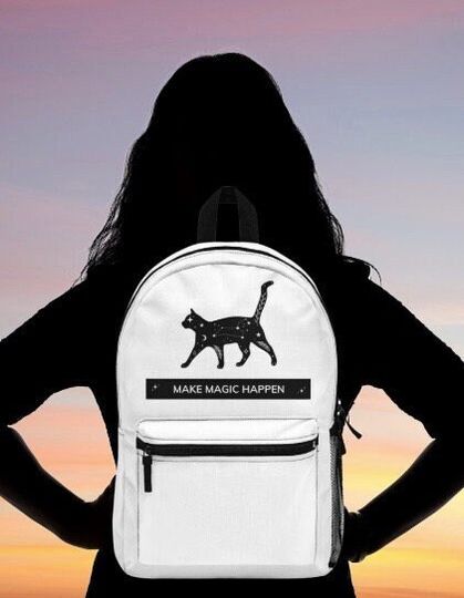Black Cat Backpack - Make Magic Happen - White