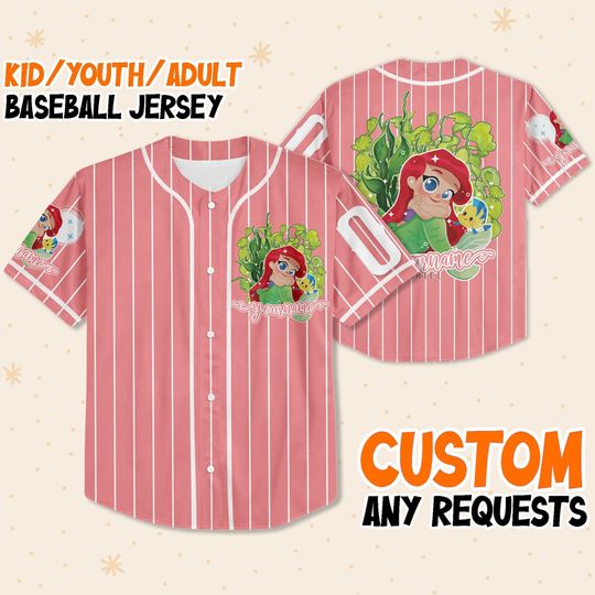 Personalized Disney Ariel Princess and Cute Flower Baseball Jersey