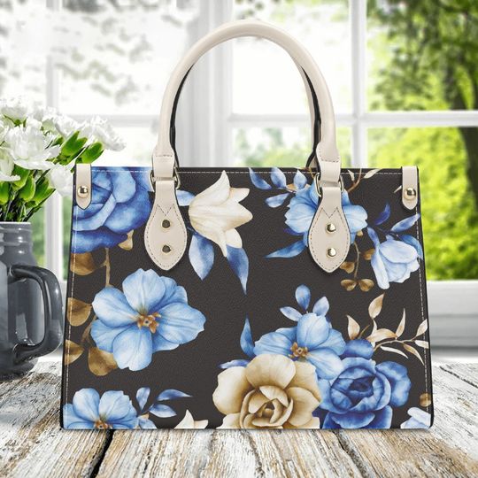 Blue Vintage Floral Cottagecore Leather Handbag