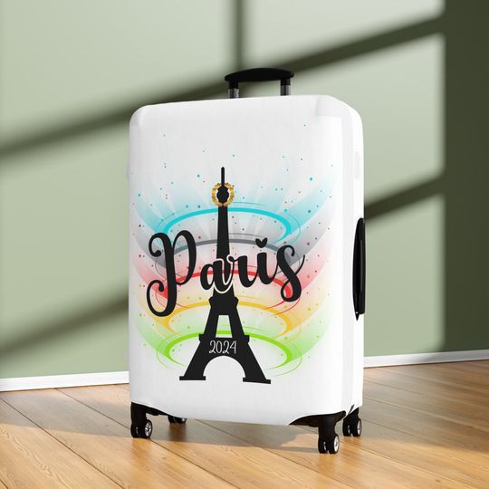 Eiffel Tower Encircled In Color Paris 2024 Luggage Cover, Laurel Wreath Souvenir Suitcase Sleeve, Global Sports Fan Luggage Protector