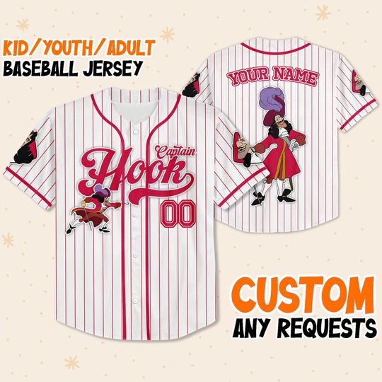 Custom Disney Captain Hook Simple Stripe, Custom Name Disney Game Day Baseball Jersey