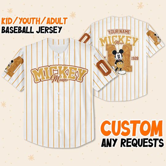 Personalize M Mickey Mouse 1928, Custom Name Disney Kid Adult Toddler Baseball Jersey