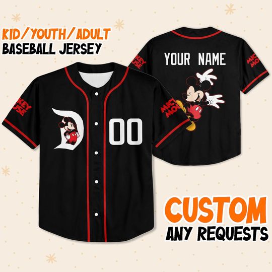 Personalized Disney Mickey Funny Black And Red, Custom Kid Youth Adult Disney Jersey