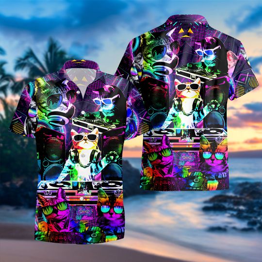 Cool Neon DJ Kitty Cat Hawaiian Shirt, Rainbow DJ Kitty Shirt