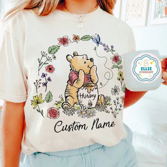 Personalized Floral Disney Winnie The Pooh Sketch Shirt