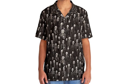 Men's Black and White Skeleton Hawaiian Shirt for Halloween, Day of the Dead, Music Festivals, and Mor