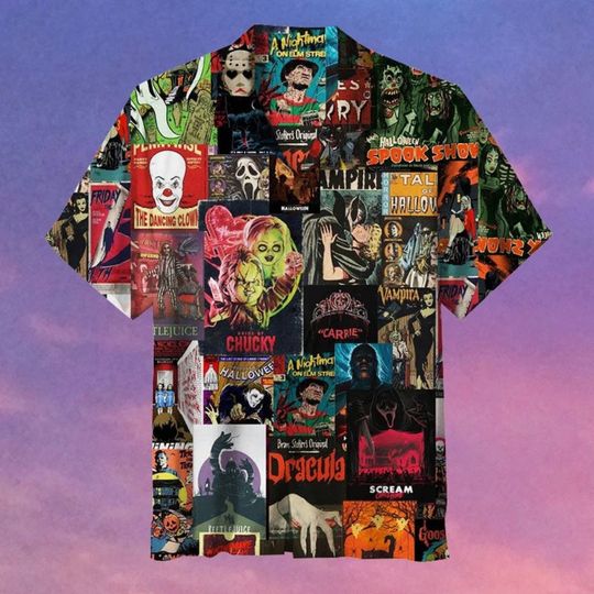 Horror Movie Collage Hawaiian Shirt, Horror Hawaiian Shirt, Horror Character Summer Shirt, Halloween Hawaiian Shirt, Scary Movie Button Up