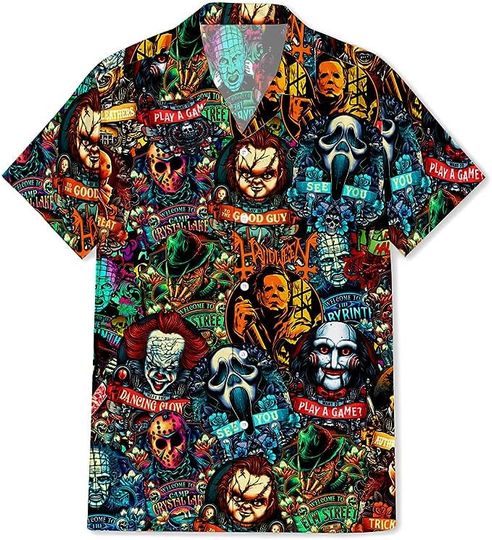 Hawaiian Shirt for Men Horror Tshirt for Adults Movies Men Shirts Characters 3D Summer Holiday Short Sleeve Beach Tropical Aloha Shirts