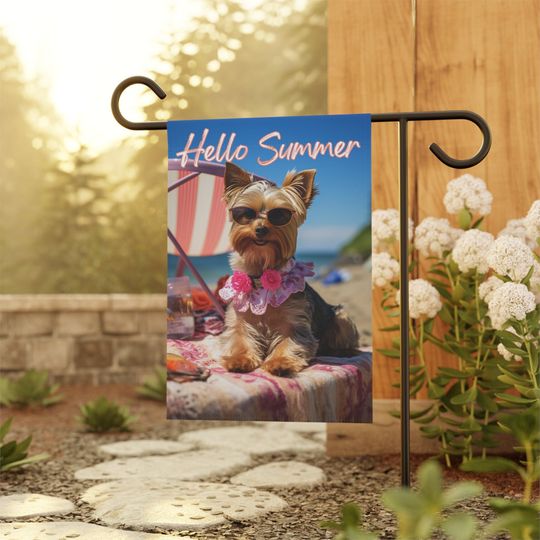Adorable Yorkshire Terrier Hello Summer Small Garden Flag - Perfect Addition to Your Outdoor Decor!