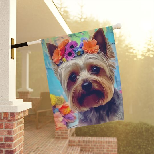 Adorable Yorkie with Floral Accents House Flag, Yorkie Lover Flag,  York Yard art, Unique Yorkie Yard Art, Garden Decor