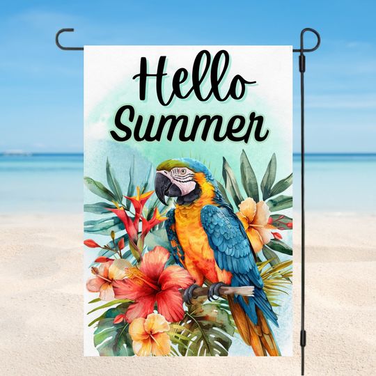 Hello Summer, Tropical Parrot and Flowers Garden Flag