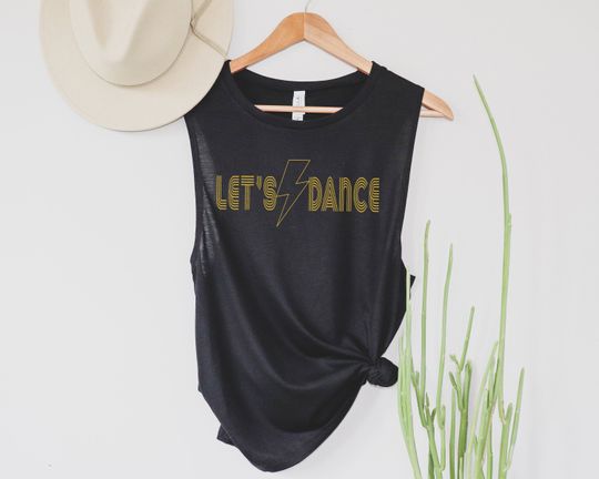 Women's Let's Dance Bolt Graphic Muscle Tank, Inspired Unisex Graphic Muscle Tank, 80s Rock Band Tank for women