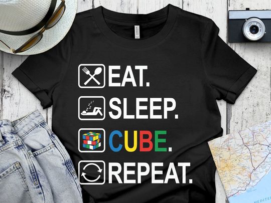 Rubiks Cube Costume Gifts, Rubik's Solve Lover Birthday Present Shirts, Eat Sleep Cube Repeat Funny Competitive Puzzle Speedcubing T-Shirt