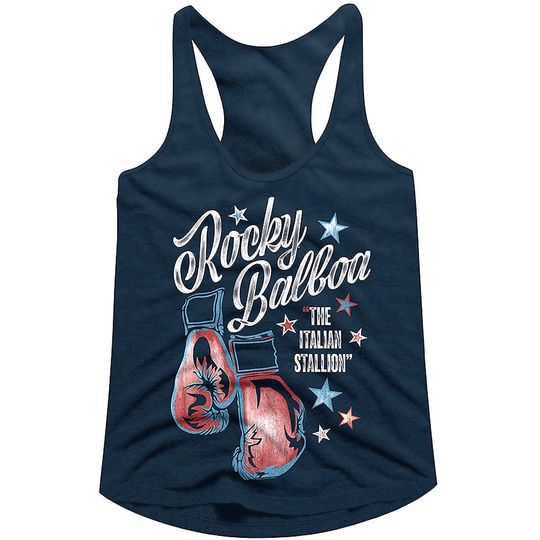 Rocky Balboa Womens Tank Top ITASTA Navy Top Boxing Gloves Racerback Sleeveless Top Vintage Clothing Best Workout Gift For Her