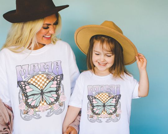 Mama Shirt Mini Shirts Mothers Day Shirts Floral Butterfly Mommy & Me Matching T-Shirt Mama And Mini Groovy Retro Mom Daughter Tees Mom Gift