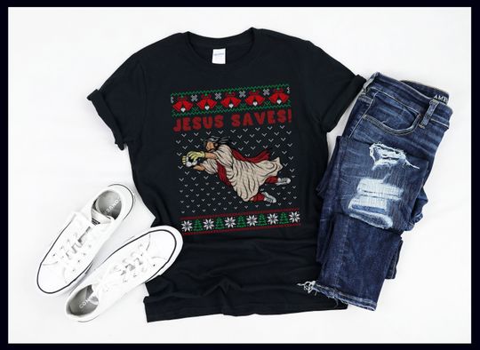 Jesus Saves Soccer Goal Keeper Ugly Christmas T-Shirt