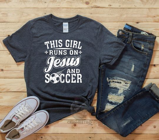 This Girl Runs On Jesus & Soccer TShirts, Soccer Ball Shirt, Soccer Mom Gift, Soccer Coach Gift, Hoodie Sweatshirt for Girls Women Boys Men