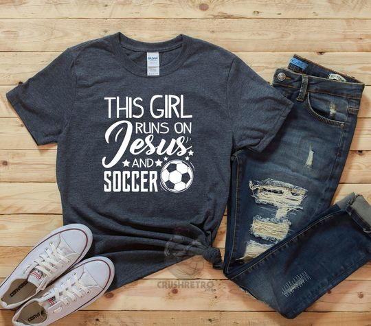 This Girl Runs On Jesus Soccer TShirts, Soccer Ball Shirt, Soccer Mom Gift, Soccer Coach Gift, Hoodie Sweatshirt for Girls Women Boys Men