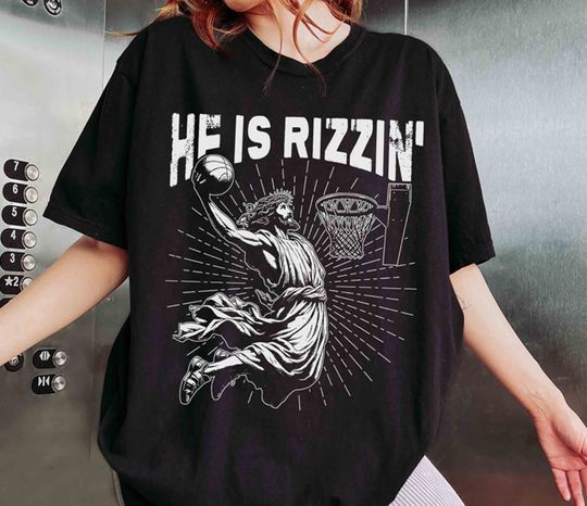 Retro He Is Rizzin' Shirt, Funny Jesus Shirt, Humor Easter Shirt, Christian Easter Shirt, Easter Gift, Jesus Playing Basketball