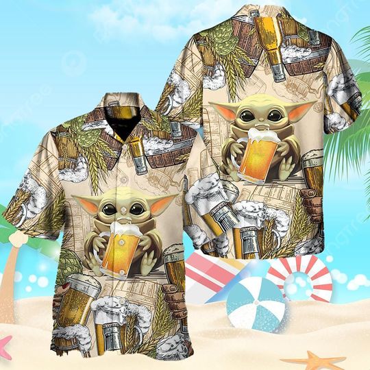 Star Wars Baby Yoda And Beer Wheat Hawaii Shirt, The Mandalorian Baby Yoda Summer Trip Family Hawaiian Shirt