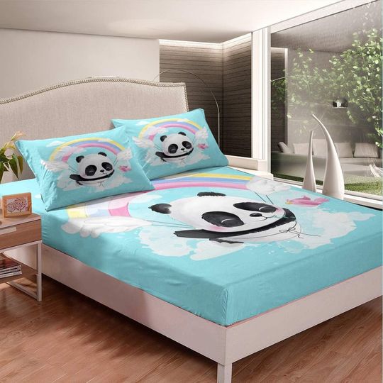 Cute Panda Bedding Set for Girls Boys Children Rainbow Fitted Sheet Cartoon Panda Bear Bed