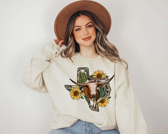 Texas Longhorn Sweater,Texan Sweatshirt,Texas Love Shirt,Texas Floral Sweatshirt,Texas Gift,Texas State Shirt,Highland Cow With Sunflowers