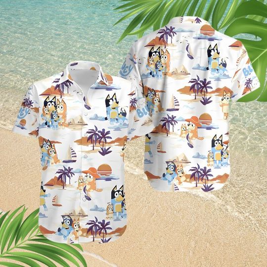 BlueyDad Summer Family Hawaiian Shirt, BlueyDad and Bingo Beach Hawaiian Shirt, Bandit Heeler Chilli Heeler Hawaii Shirt, BlueyDad Dog Beach Shirt