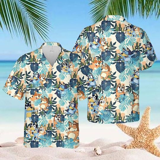 Summer Hawaiian shirt, BlueyCute Hawaiian Shirt, BlueyGift Shirt, BlueyDad Hawaii Shirt, BlueyDad Family Hawaiian Shirt